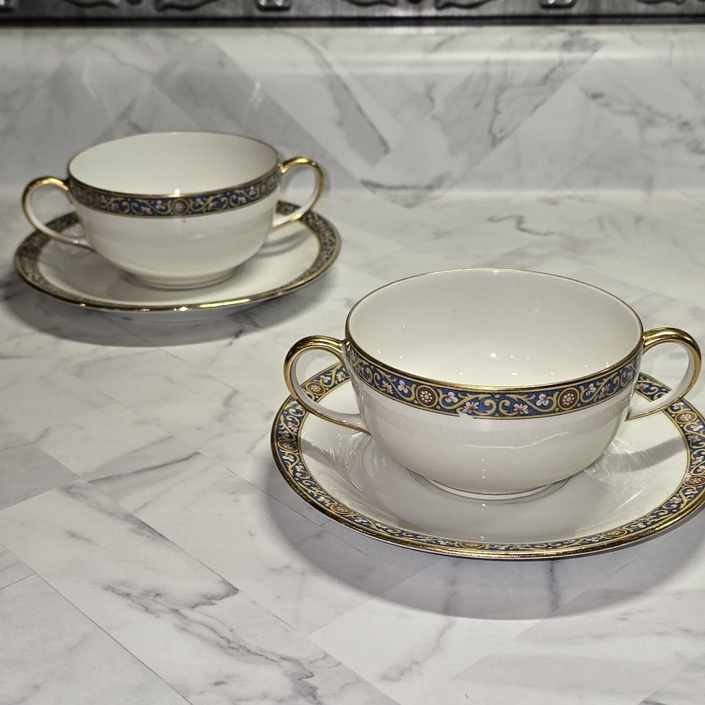 Antique Vignaud Limoges Cream Soup Bouillon Cups with Saucers Gold Trim Set Of 2